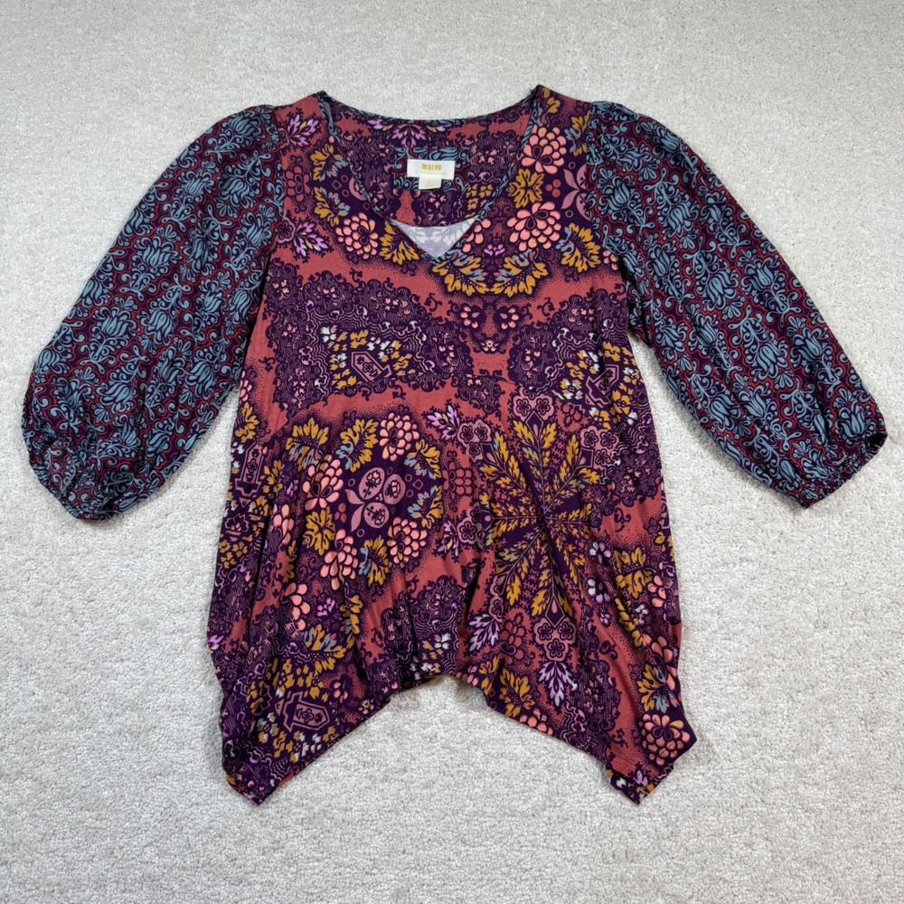 Maeve Anthropologie Top Womens Small Petite Purple Pink Boho Mixed Print Tunic - Picture 2 of 8